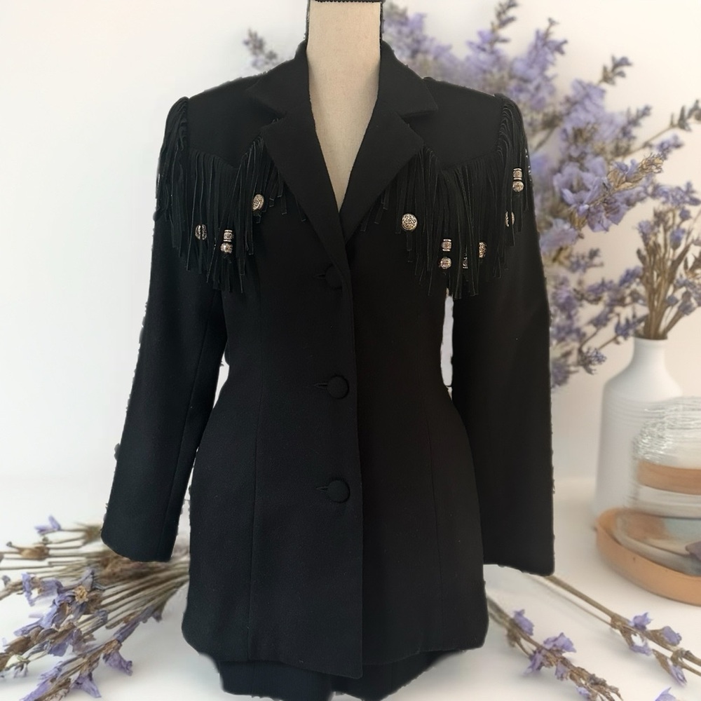 Cache Black Fringe Jacket with Silver Accents
